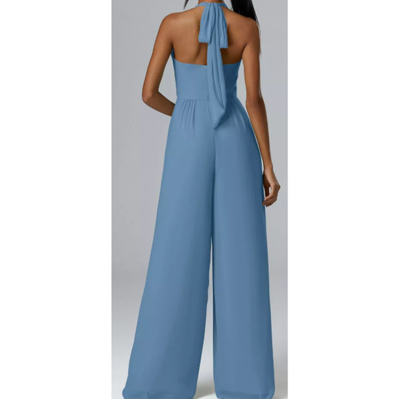 AW BRIDAL SZ 16 2X plus dusty blue halter Semplice wide leg jumpsuit NEW B76 - Picture 4 of 5
